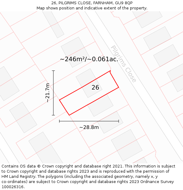 26, PILGRIMS CLOSE, FARNHAM, GU9 8QP: Plot and title map