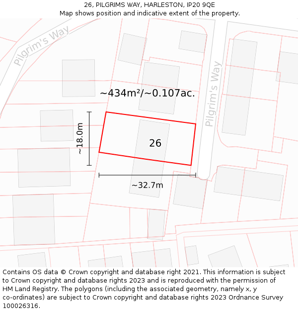 26, PILGRIMS WAY, HARLESTON, IP20 9QE: Plot and title map