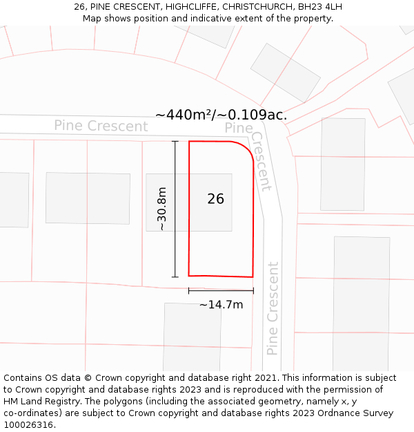 26, PINE CRESCENT, HIGHCLIFFE, CHRISTCHURCH, BH23 4LH: Plot and title map