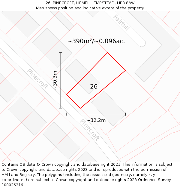 26, PINECROFT, HEMEL HEMPSTEAD, HP3 8AW: Plot and title map
