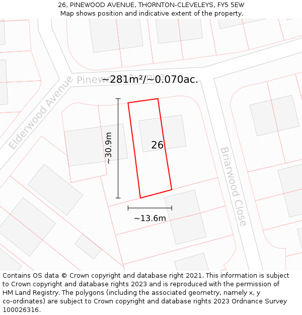 26, PINEWOOD AVENUE, THORNTON-CLEVELEYS, FY5 5EW: Plot and title map