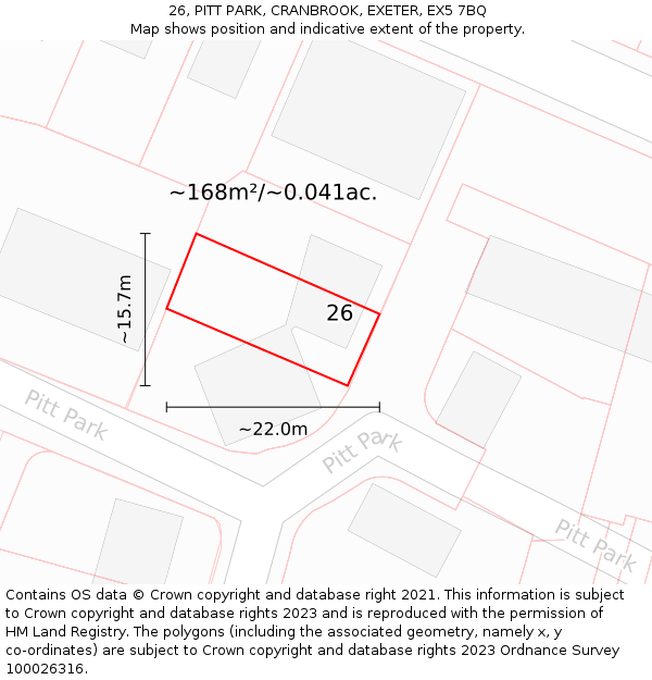 26, PITT PARK, CRANBROOK, EXETER, EX5 7BQ: Plot and title map