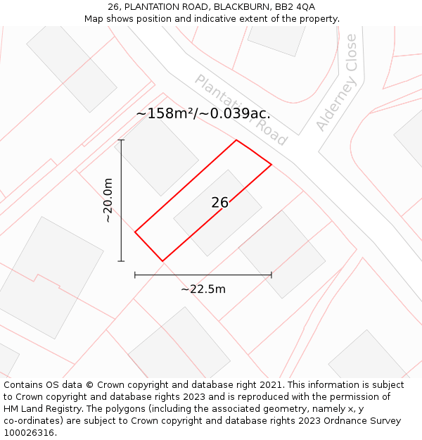 26, PLANTATION ROAD, BLACKBURN, BB2 4QA: Plot and title map