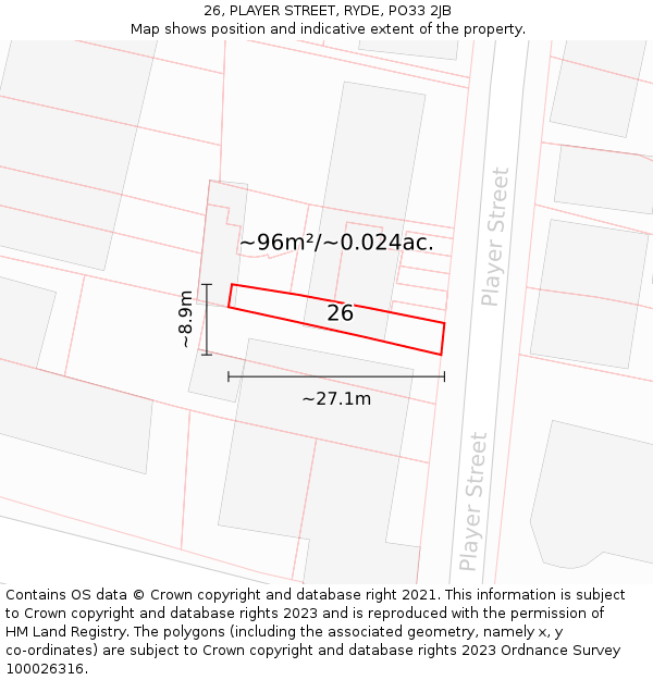 26, PLAYER STREET, RYDE, PO33 2JB: Plot and title map