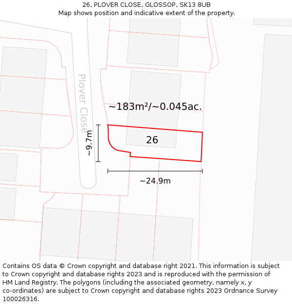 26, PLOVER CLOSE, GLOSSOP, SK13 8UB: Plot and title map