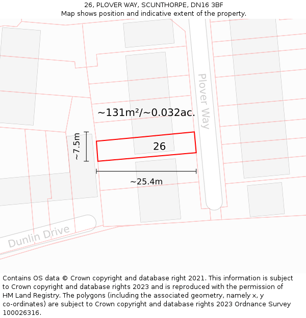 26, PLOVER WAY, SCUNTHORPE, DN16 3BF: Plot and title map