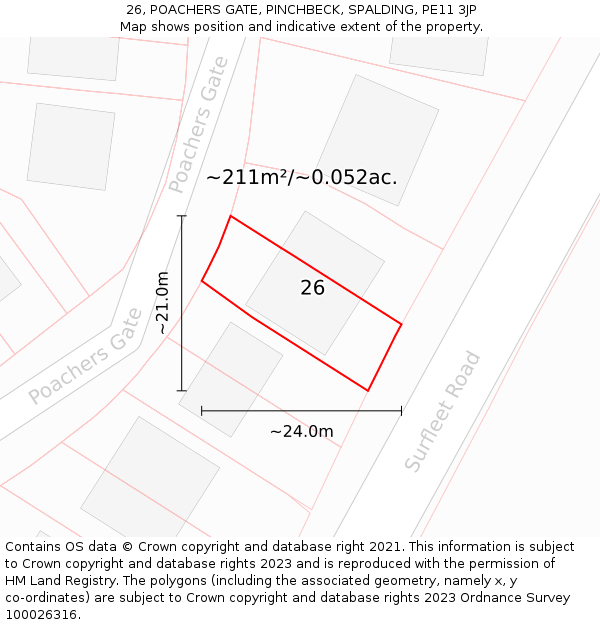 26, POACHERS GATE, PINCHBECK, SPALDING, PE11 3JP: Plot and title map
