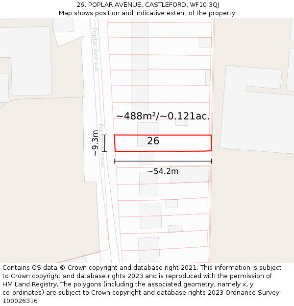 26, POPLAR AVENUE, CASTLEFORD, WF10 3QJ: Plot and title map