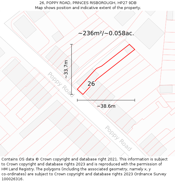 26, POPPY ROAD, PRINCES RISBOROUGH, HP27 9DB: Plot and title map