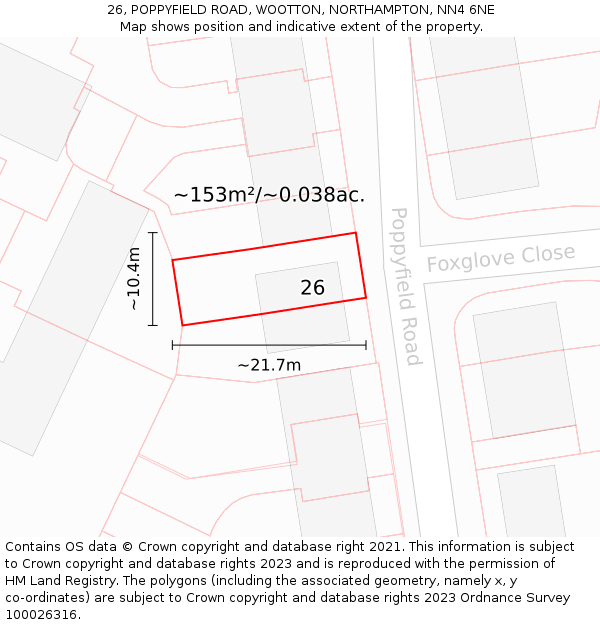 26, POPPYFIELD ROAD, WOOTTON, NORTHAMPTON, NN4 6NE: Plot and title map