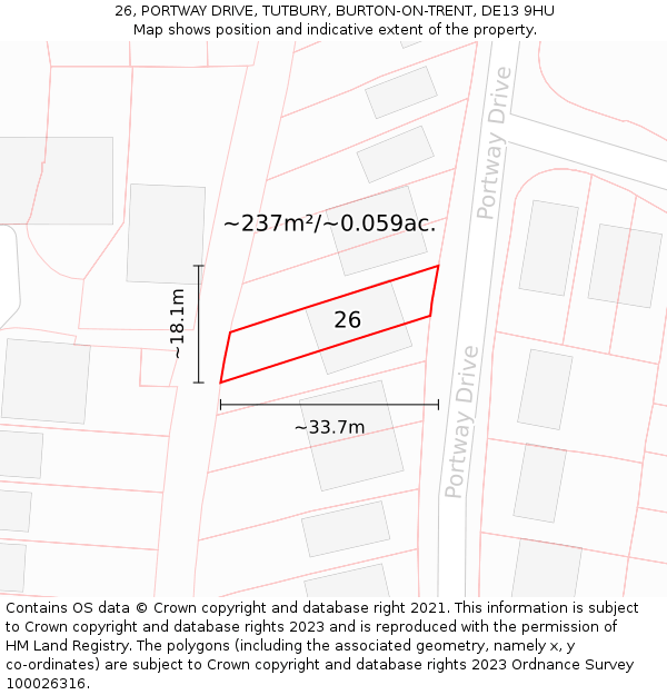 26, PORTWAY DRIVE, TUTBURY, BURTON-ON-TRENT, DE13 9HU: Plot and title map