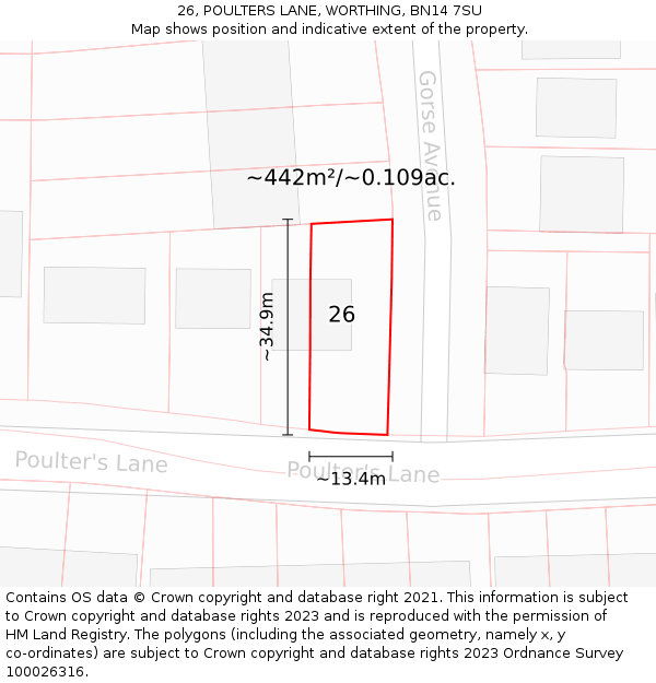26, POULTERS LANE, WORTHING, BN14 7SU: Plot and title map