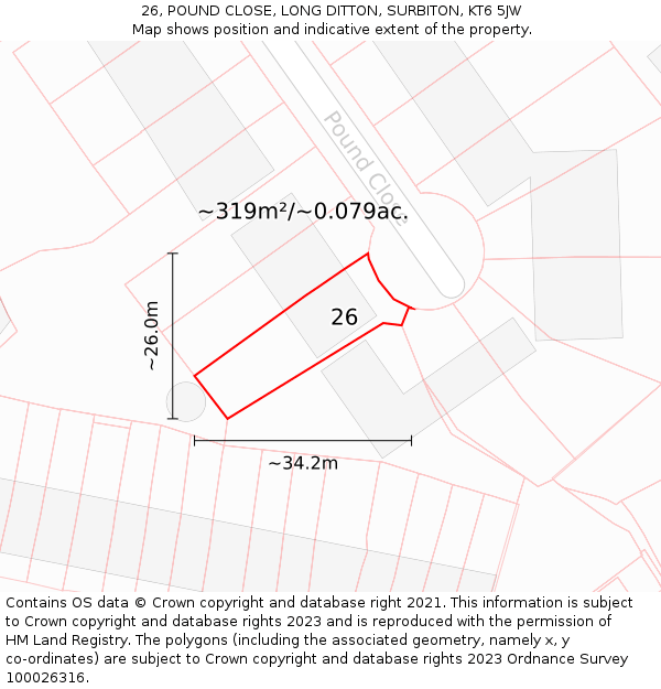 26, POUND CLOSE, LONG DITTON, SURBITON, KT6 5JW: Plot and title map
