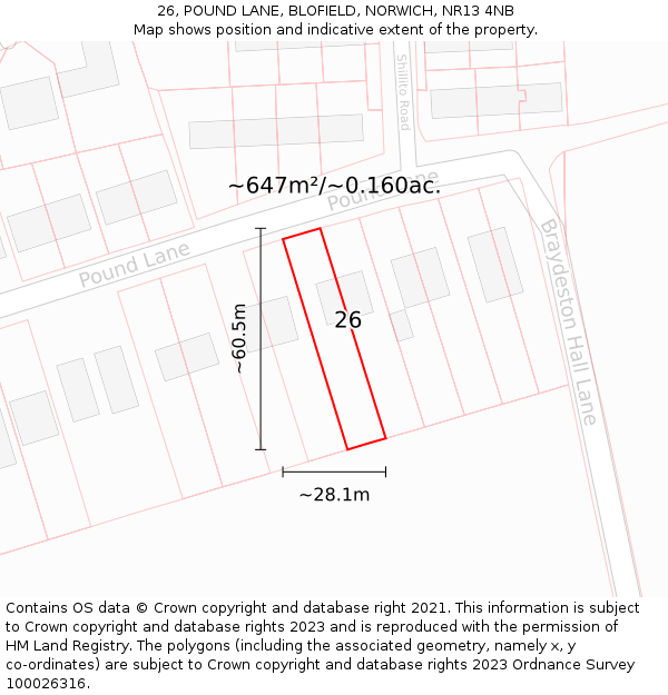 26, POUND LANE, BLOFIELD, NORWICH, NR13 4NB: Plot and title map