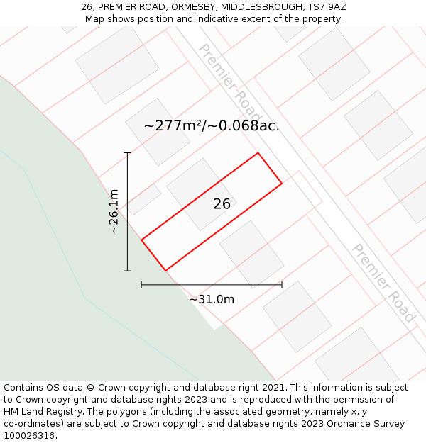 26, PREMIER ROAD, ORMESBY, MIDDLESBROUGH, TS7 9AZ: Plot and title map
