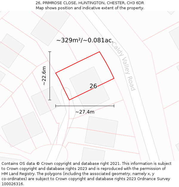 26, PRIMROSE CLOSE, HUNTINGTON, CHESTER, CH3 6DR: Plot and title map