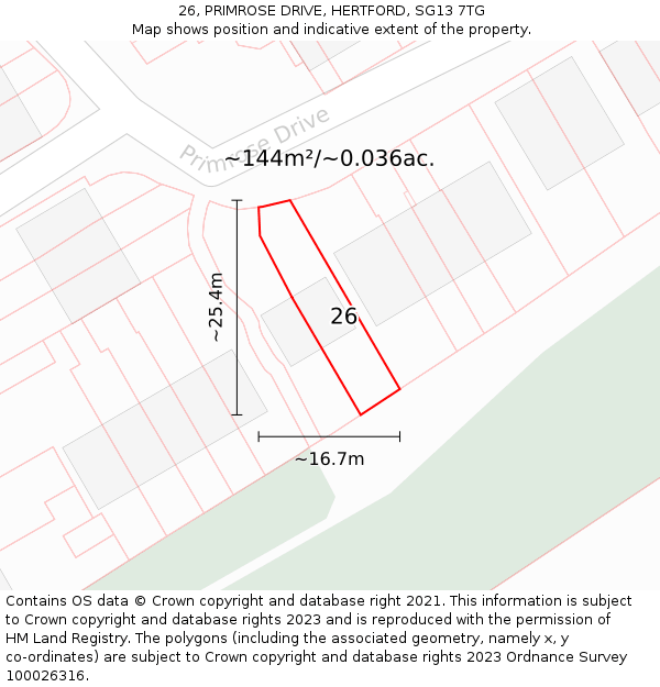 26, PRIMROSE DRIVE, HERTFORD, SG13 7TG: Plot and title map