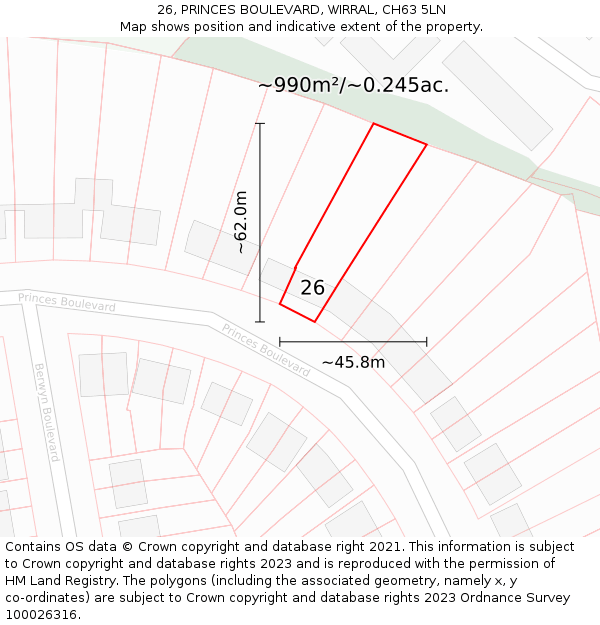 26, PRINCES BOULEVARD, WIRRAL, CH63 5LN: Plot and title map