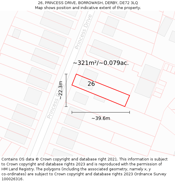 26, PRINCESS DRIVE, BORROWASH, DERBY, DE72 3LQ: Plot and title map