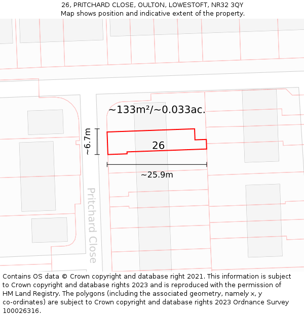 26, PRITCHARD CLOSE, OULTON, LOWESTOFT, NR32 3QY: Plot and title map