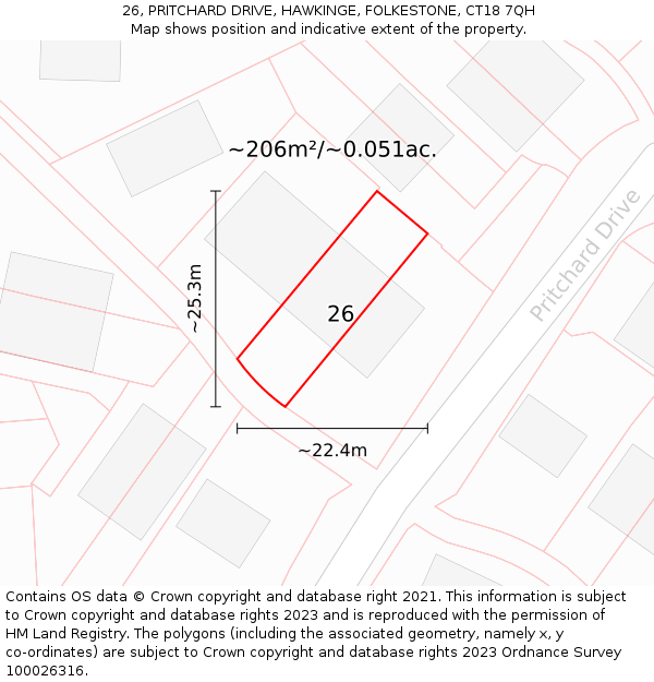 26, PRITCHARD DRIVE, HAWKINGE, FOLKESTONE, CT18 7QH: Plot and title map