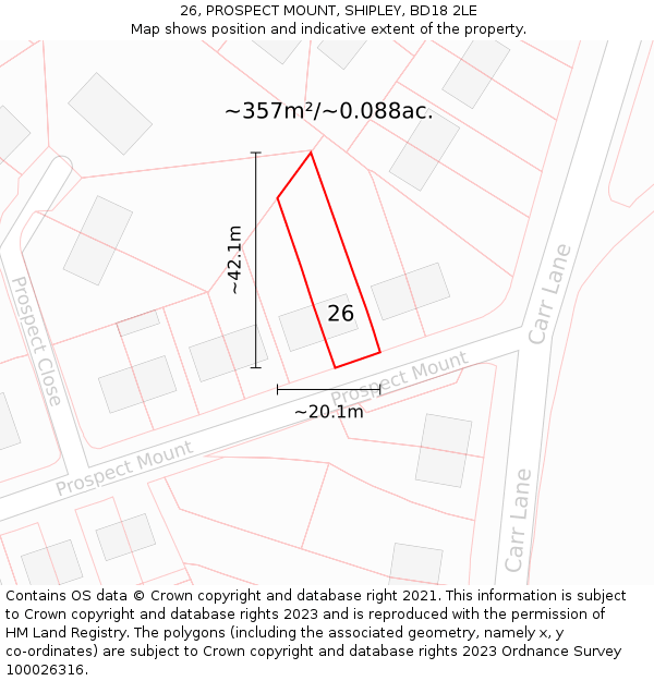 26, PROSPECT MOUNT, SHIPLEY, BD18 2LE: Plot and title map