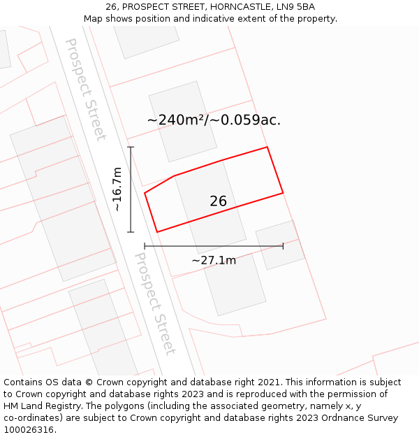 26, PROSPECT STREET, HORNCASTLE, LN9 5BA: Plot and title map