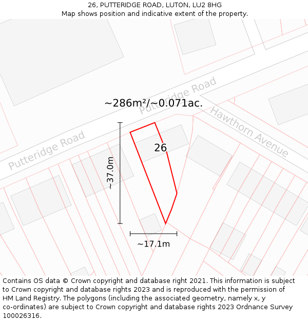 26, PUTTERIDGE ROAD, LUTON, LU2 8HG: Plot and title map