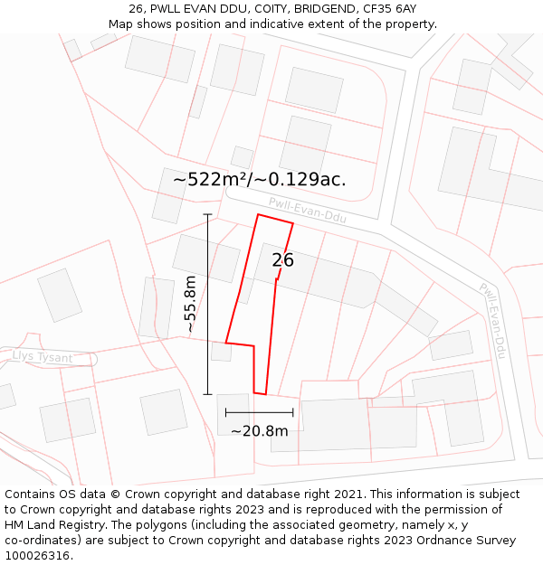 26, PWLL EVAN DDU, COITY, BRIDGEND, CF35 6AY: Plot and title map
