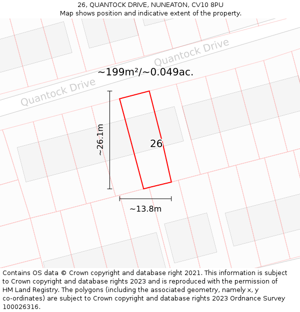26, QUANTOCK DRIVE, NUNEATON, CV10 8PU: Plot and title map
