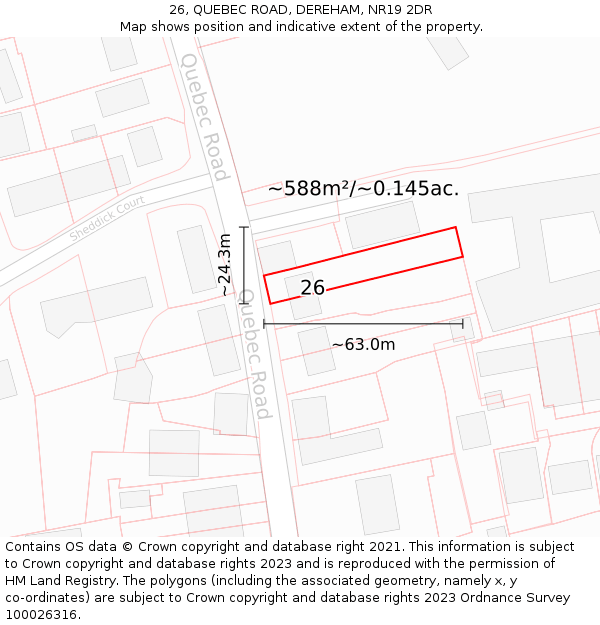 26, QUEBEC ROAD, DEREHAM, NR19 2DR: Plot and title map