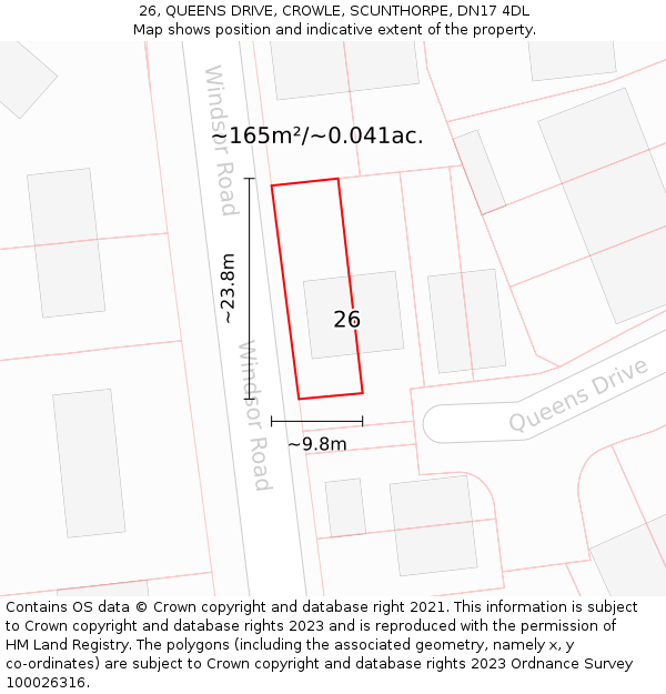 26, QUEENS DRIVE, CROWLE, SCUNTHORPE, DN17 4DL: Plot and title map