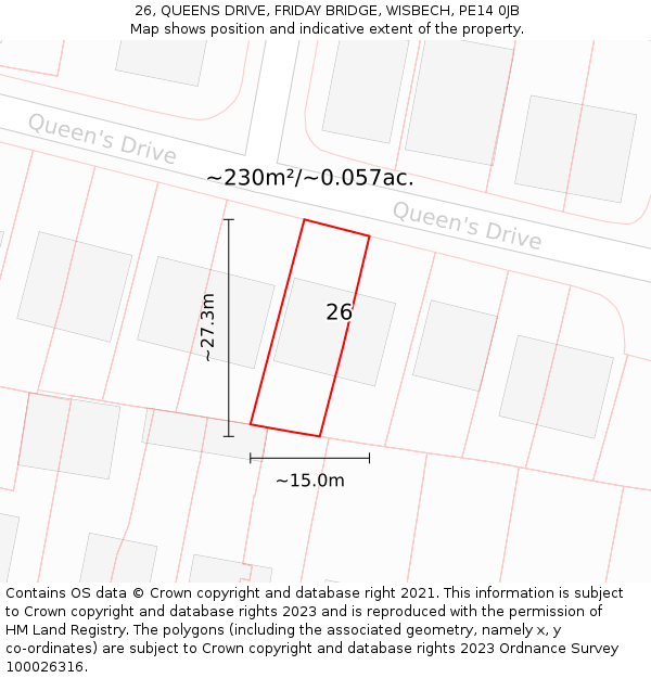 26, QUEENS DRIVE, FRIDAY BRIDGE, WISBECH, PE14 0JB: Plot and title map