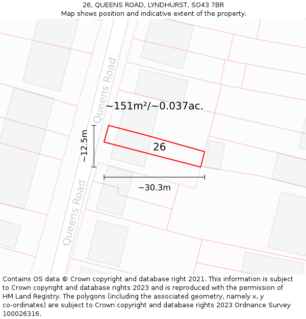 26, QUEENS ROAD, LYNDHURST, SO43 7BR: Plot and title map