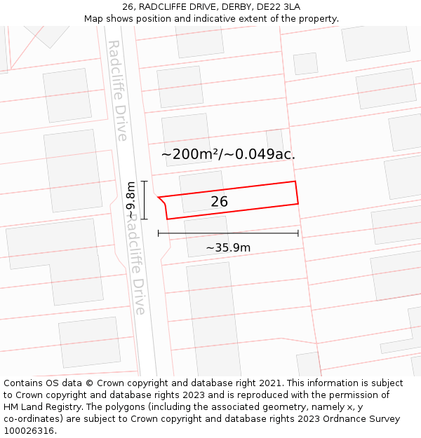 26, RADCLIFFE DRIVE, DERBY, DE22 3LA: Plot and title map