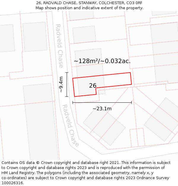 26, RADVALD CHASE, STANWAY, COLCHESTER, CO3 0RF: Plot and title map