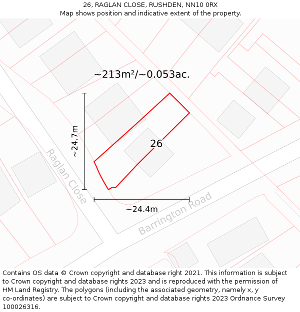 26, RAGLAN CLOSE, RUSHDEN, NN10 0RX: Plot and title map