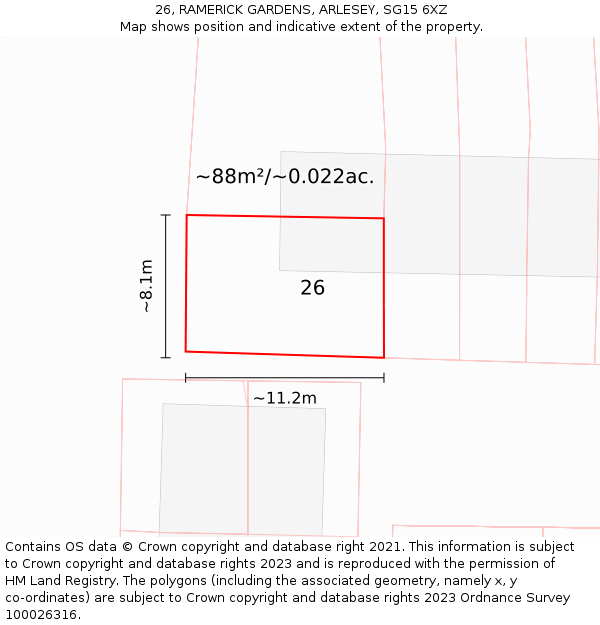 26, RAMERICK GARDENS, ARLESEY, SG15 6XZ: Plot and title map