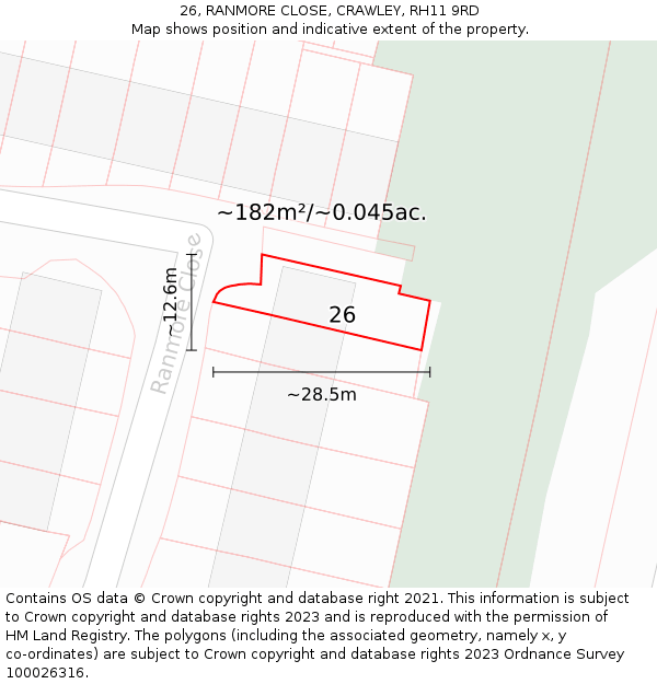 26, RANMORE CLOSE, CRAWLEY, RH11 9RD: Plot and title map