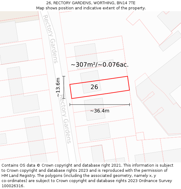 26, RECTORY GARDENS, WORTHING, BN14 7TE: Plot and title map
