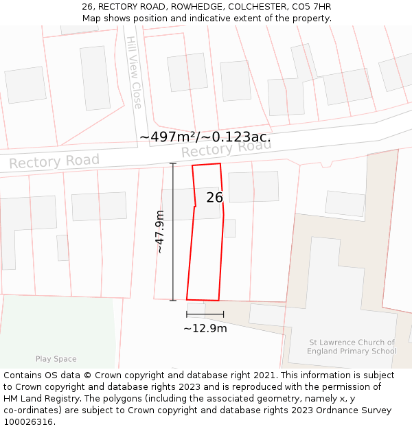 26, RECTORY ROAD, ROWHEDGE, COLCHESTER, CO5 7HR: Plot and title map