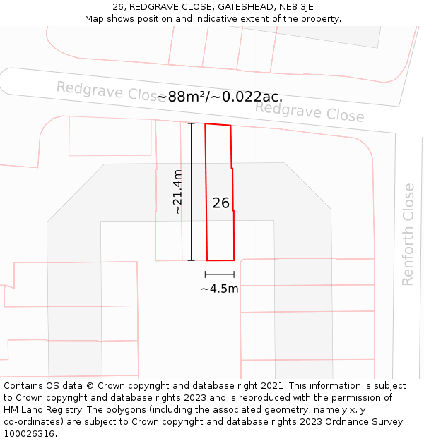26, REDGRAVE CLOSE, GATESHEAD, NE8 3JE: Plot and title map