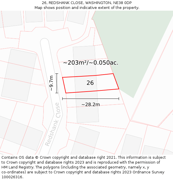 26, REDSHANK CLOSE, WASHINGTON, NE38 0DP: Plot and title map