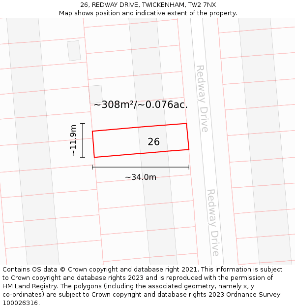 26, REDWAY DRIVE, TWICKENHAM, TW2 7NX: Plot and title map