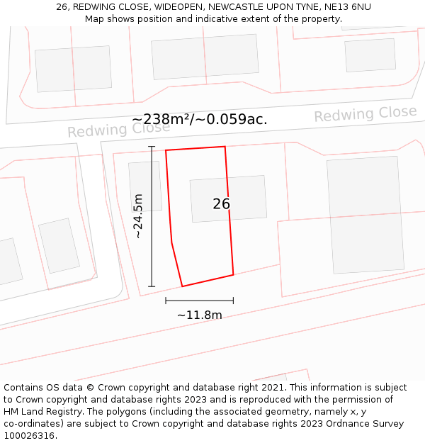 26, REDWING CLOSE, WIDEOPEN, NEWCASTLE UPON TYNE, NE13 6NU: Plot and title map