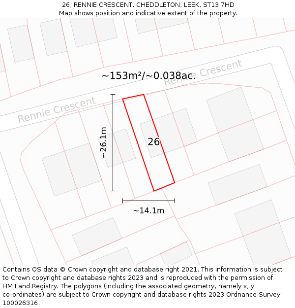 26, RENNIE CRESCENT, CHEDDLETON, LEEK, ST13 7HD: Plot and title map