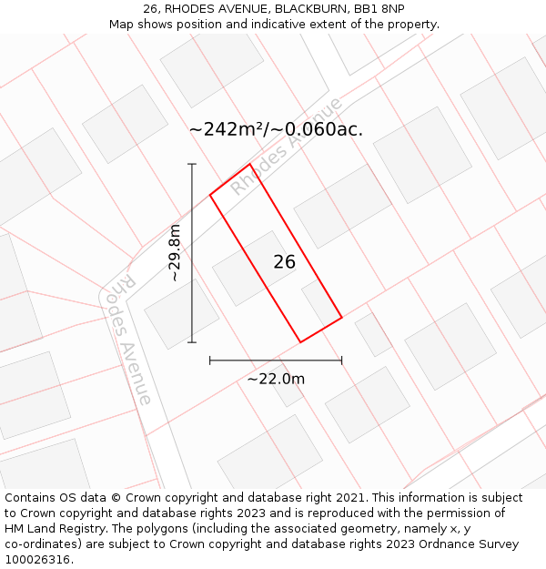 26, RHODES AVENUE, BLACKBURN, BB1 8NP: Plot and title map