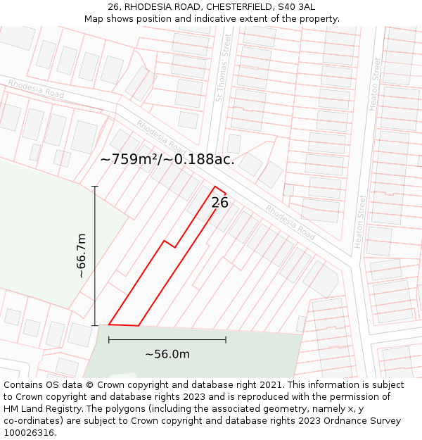 26, RHODESIA ROAD, CHESTERFIELD, S40 3AL: Plot and title map