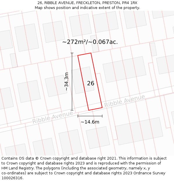 26, RIBBLE AVENUE, FRECKLETON, PRESTON, PR4 1RX: Plot and title map