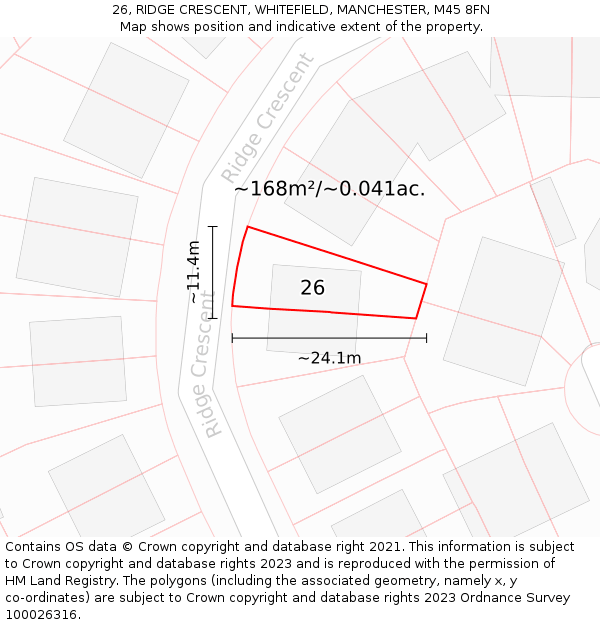 26, RIDGE CRESCENT, WHITEFIELD, MANCHESTER, M45 8FN: Plot and title map